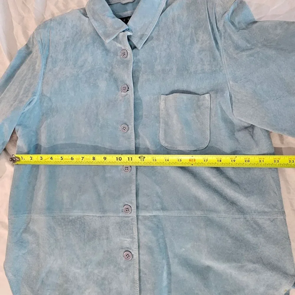 Y2k Women's Sky Blue Button Down 100% Suede Leather Shirt. Preowned Obviosly . - Picture 14 of 15